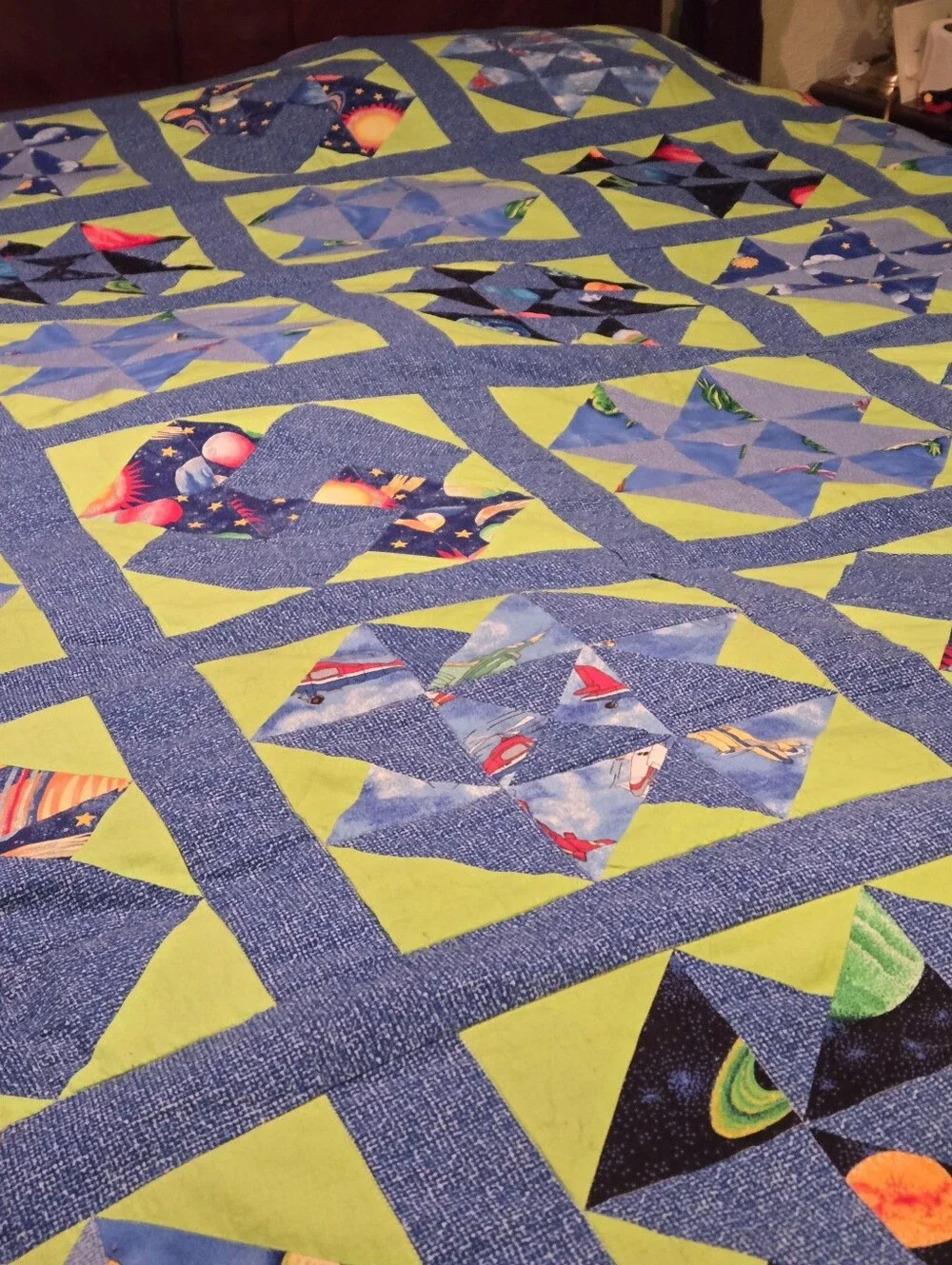 Patchwork COTTON QUILT  FULL/QUEEN SZ BLUE GRN Stars Planets 4 Cards Motif Cabin